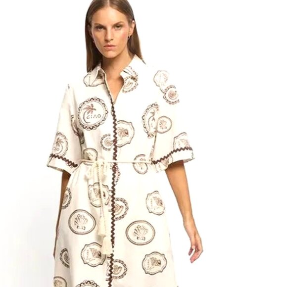 WOMENS SHORT SLEEVE MIDI DRESS LINEN AND POLETER BUTTON DOWN CIRCLE PRINT DRESS - Picture 1 of 6